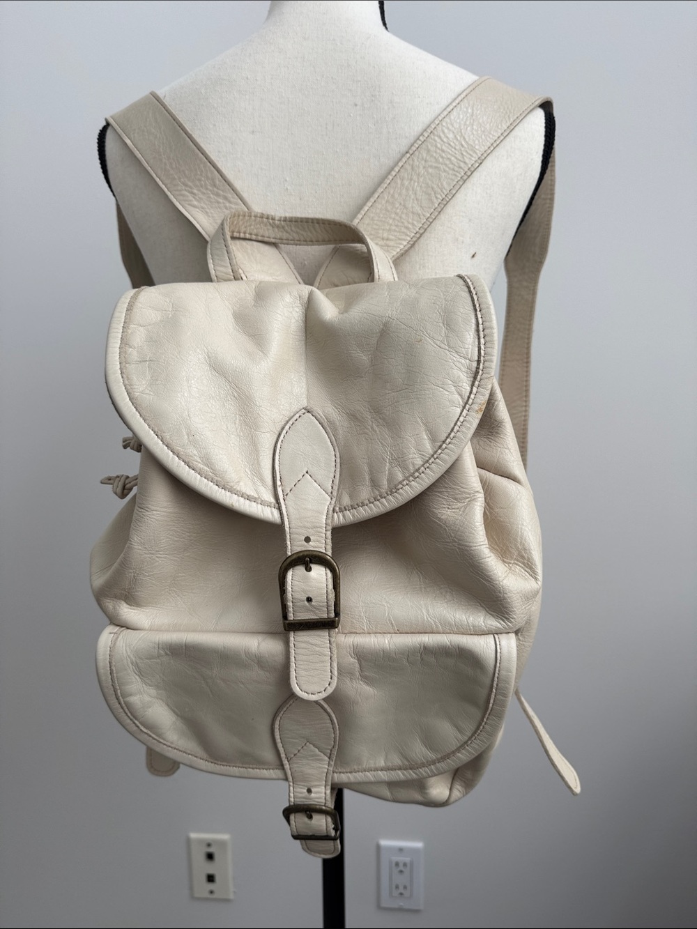 Neutral Cream Faux-Leather Buckle Flap Backpack